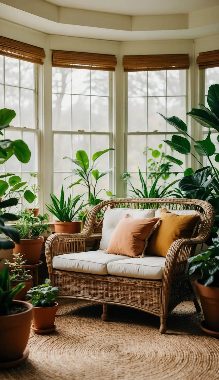 A cozy sunroom with a vintage wicker sofa surrounded by potted plants, soft natural light, and a warm, inviting atmosphere