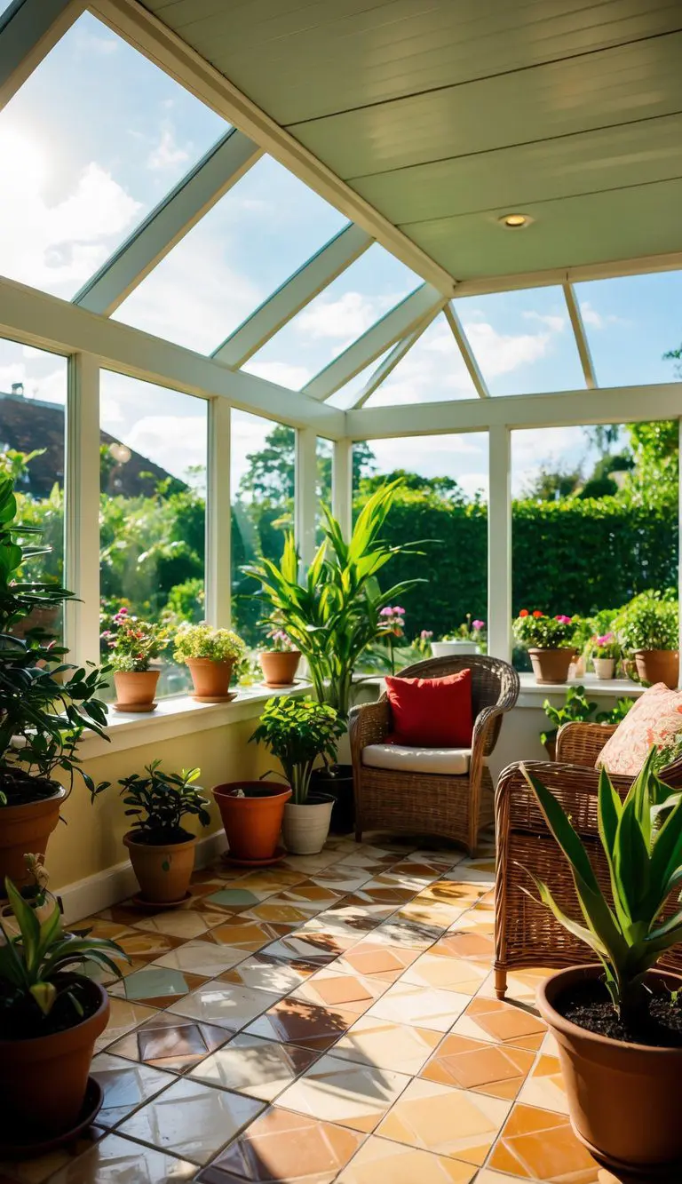 A sunlit sunroom with ceramic floor tiles, surrounded by potted plants and wicker furniture, overlooking a lush garden