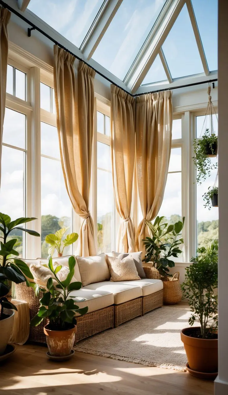 A sunlit sunroom with billowing linen curtains, cozy seating, potted plants, and natural light streaming in through large windows
