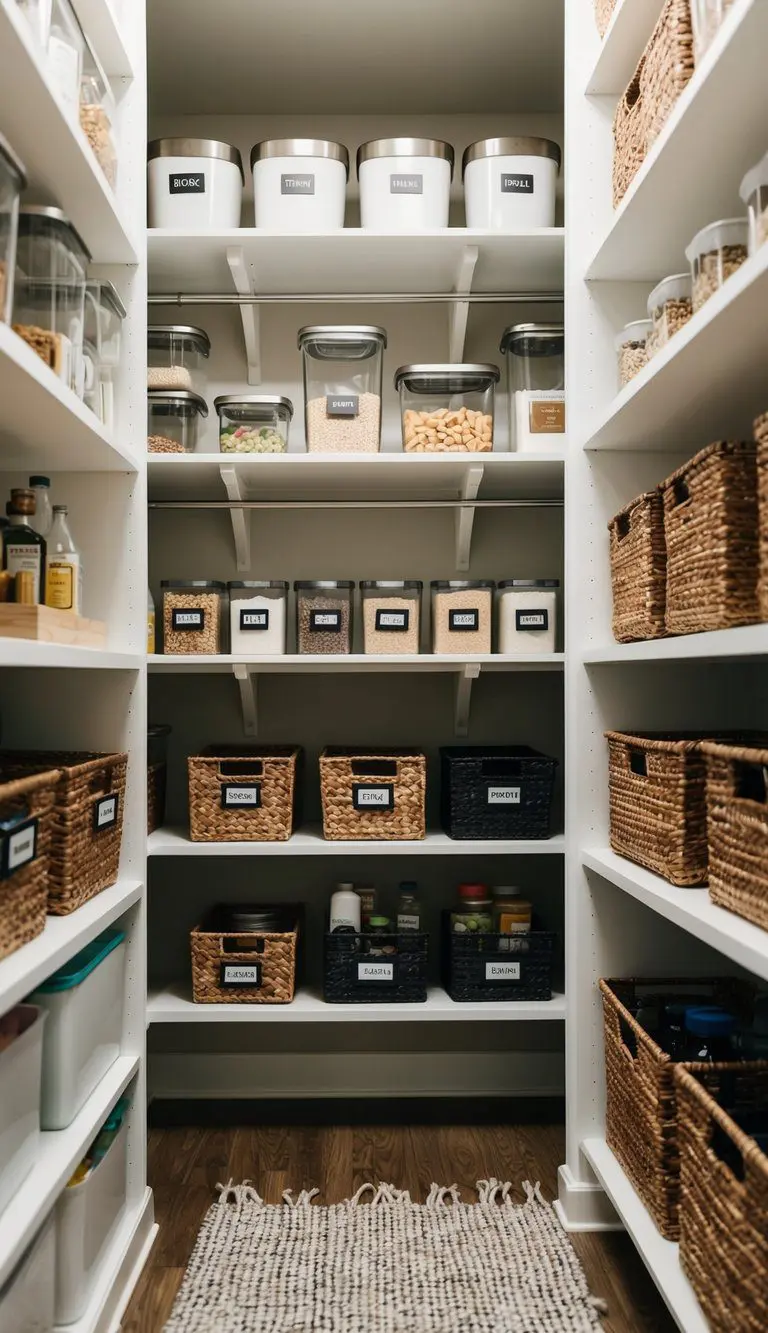 A neatly organized pantry with labeled containers, baskets, and shelves for efficient storage