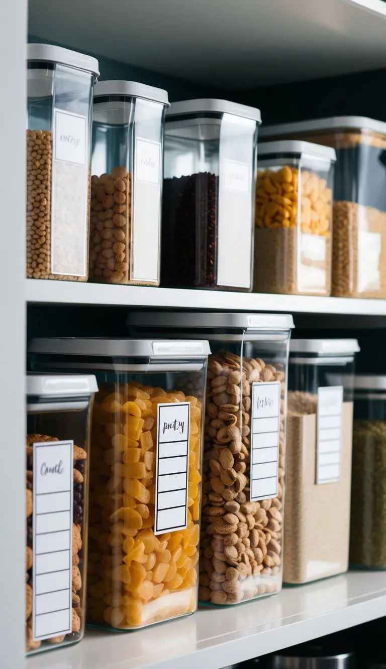 Clear containers neatly arranged on shelves, filled with labeled dry goods. Labels are easily visible, creating an organized and visually appealing pantry display