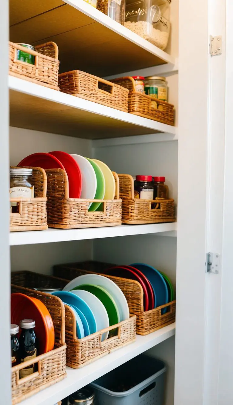 Lazy Susans placed on pantry shelves for organization