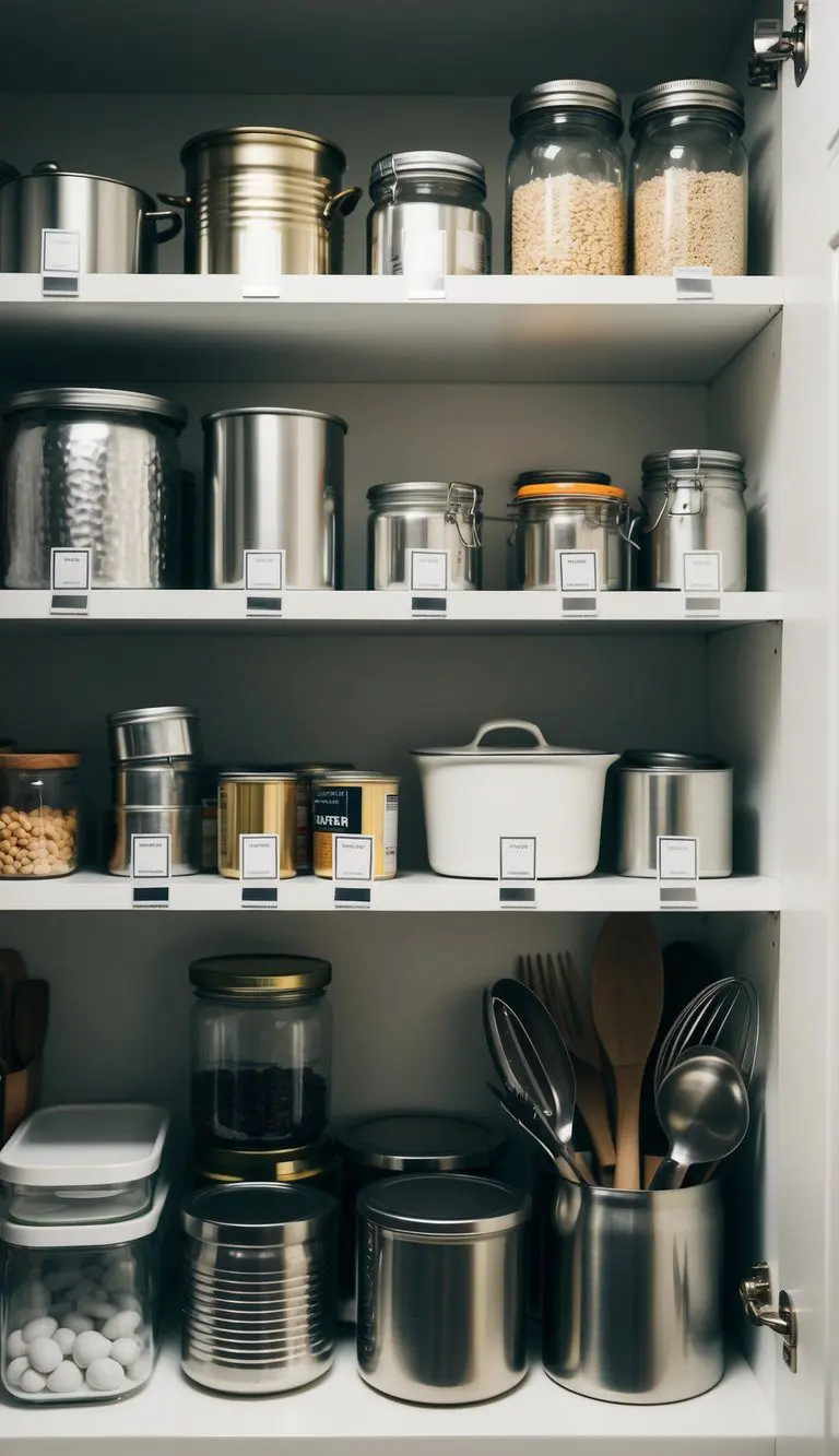 Metal items arranged on shelves with magnetic strips. Labels indicate contents. Jars, cans, and utensils organized in a small pantry