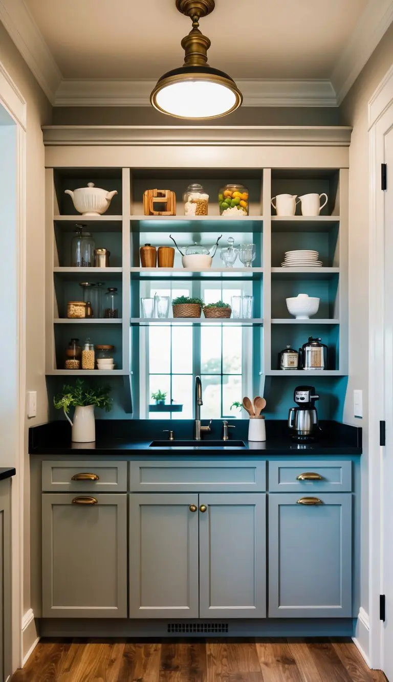 A modern butler's pantry with stylish open shelving displaying various kitchen items and decor
