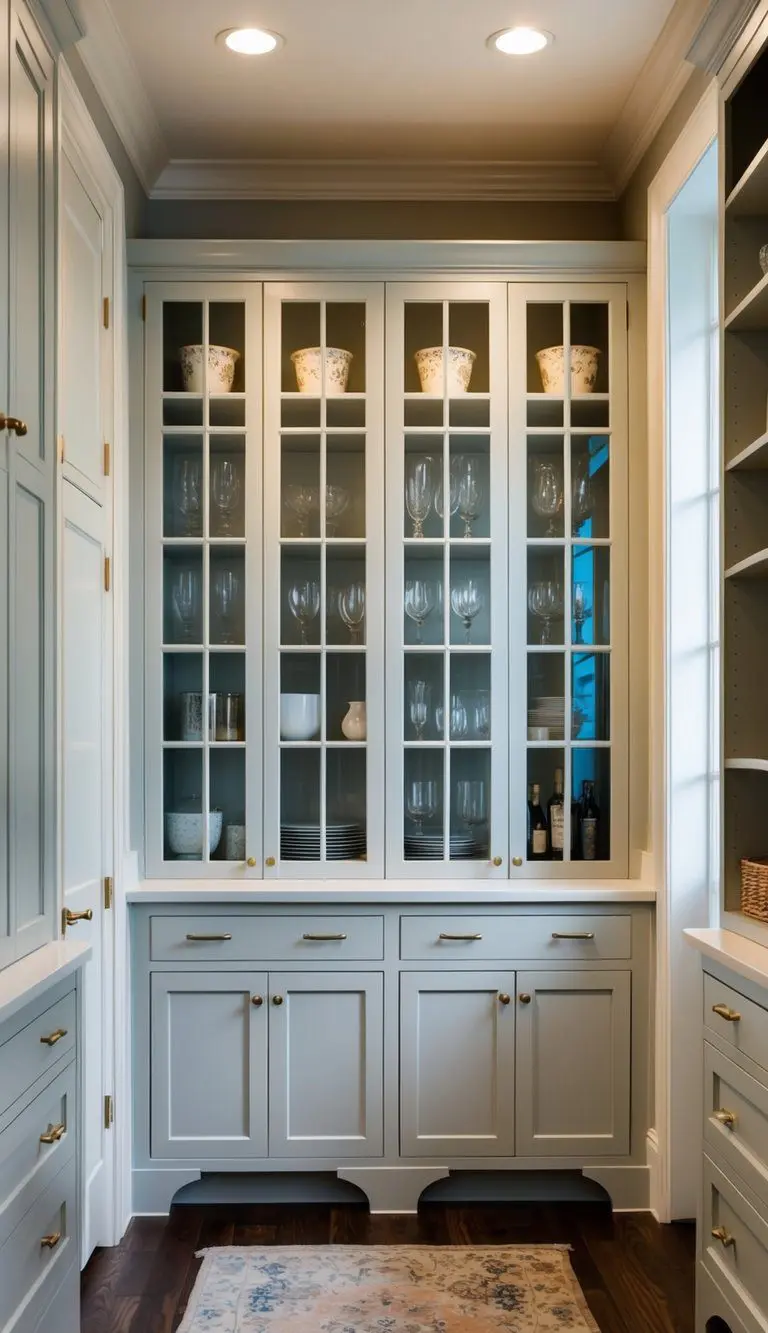 A spacious butler's pantry with custom cabinetry featuring glass doors, showcasing organized storage and elegant display options