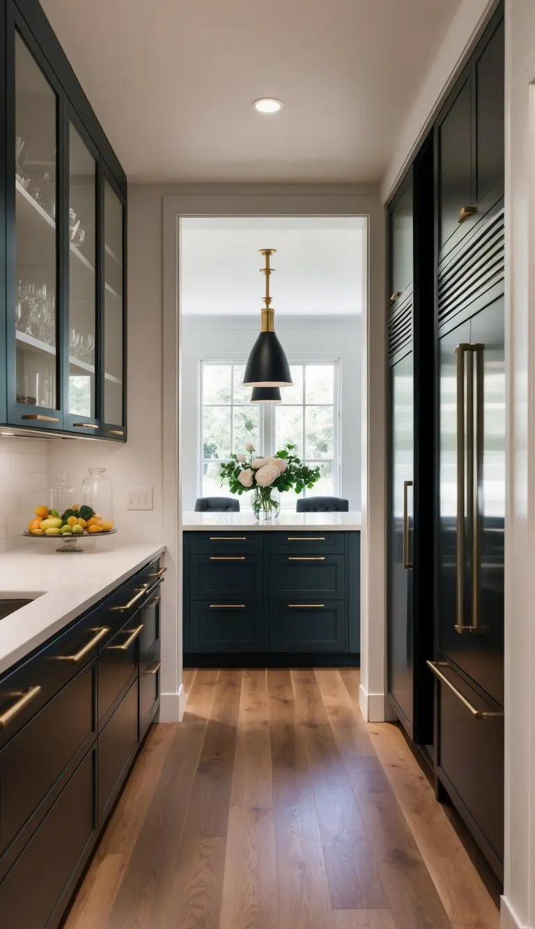 A modern kitchen with sleek, hidden sliding pantry doors and elegant butler's pantry ideas