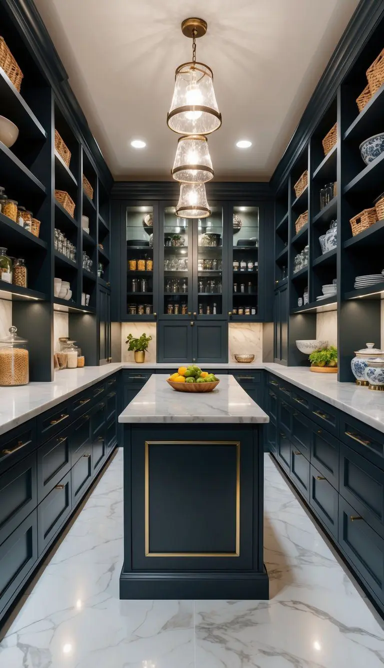 A spacious walk-in pantry with open shelving, marble countertops, and a center island for food prep. Glass-fronted cabinets and decorative lighting add a touch of elegance