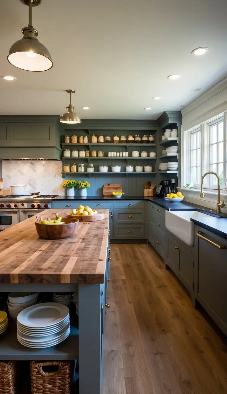 A spacious kitchen with a large butcher block island, shelves filled with jars and dishes, and a cozy butler's pantry tucked away in the corner