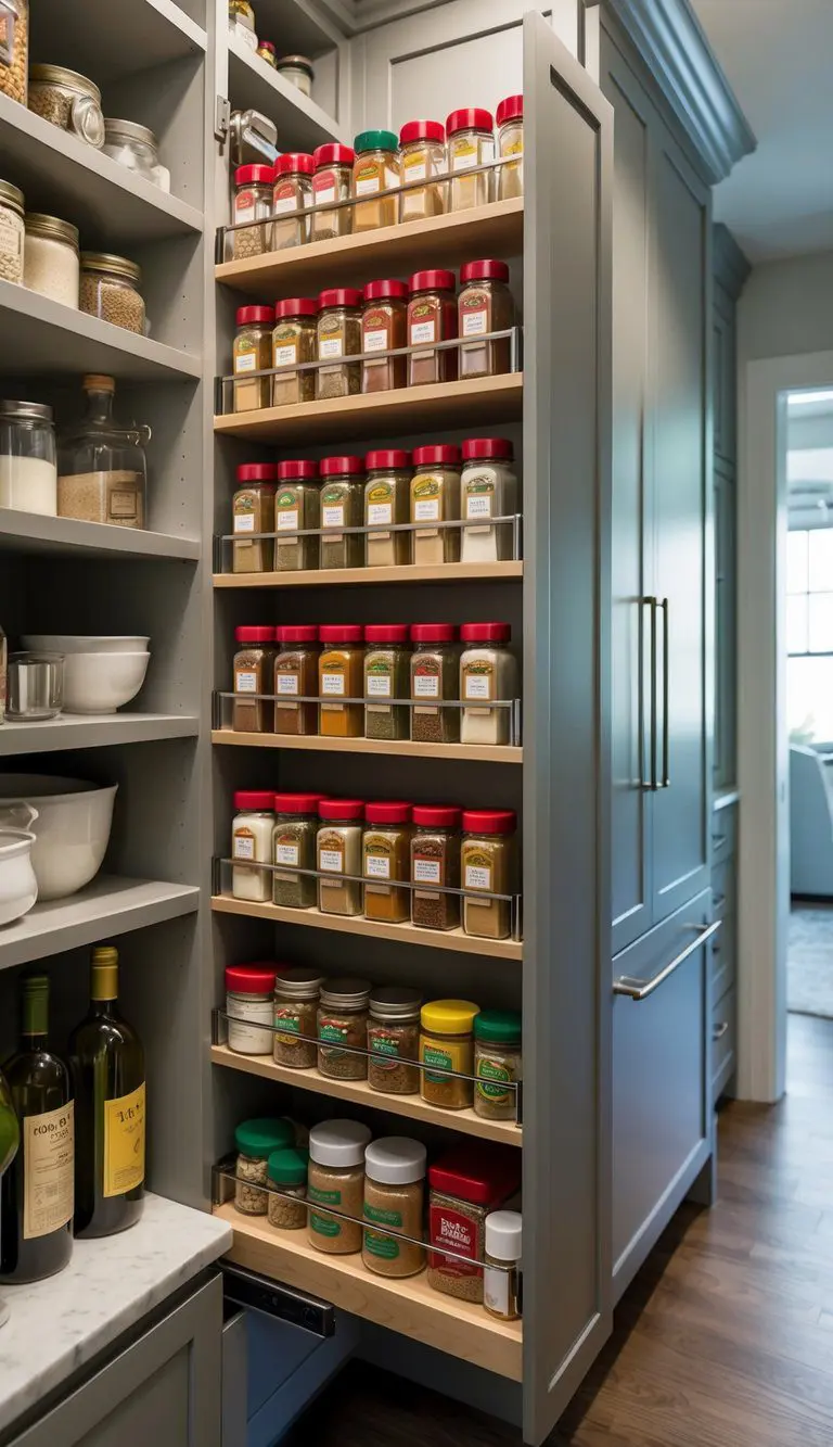 A pull-out spice rack filled with neatly organized jars and bottles in a sleek, modern butler's pantry