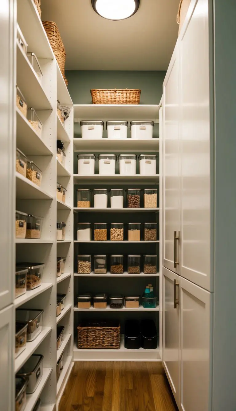 A small walk-in pantry with shelves and storage containers maximizing vertical space