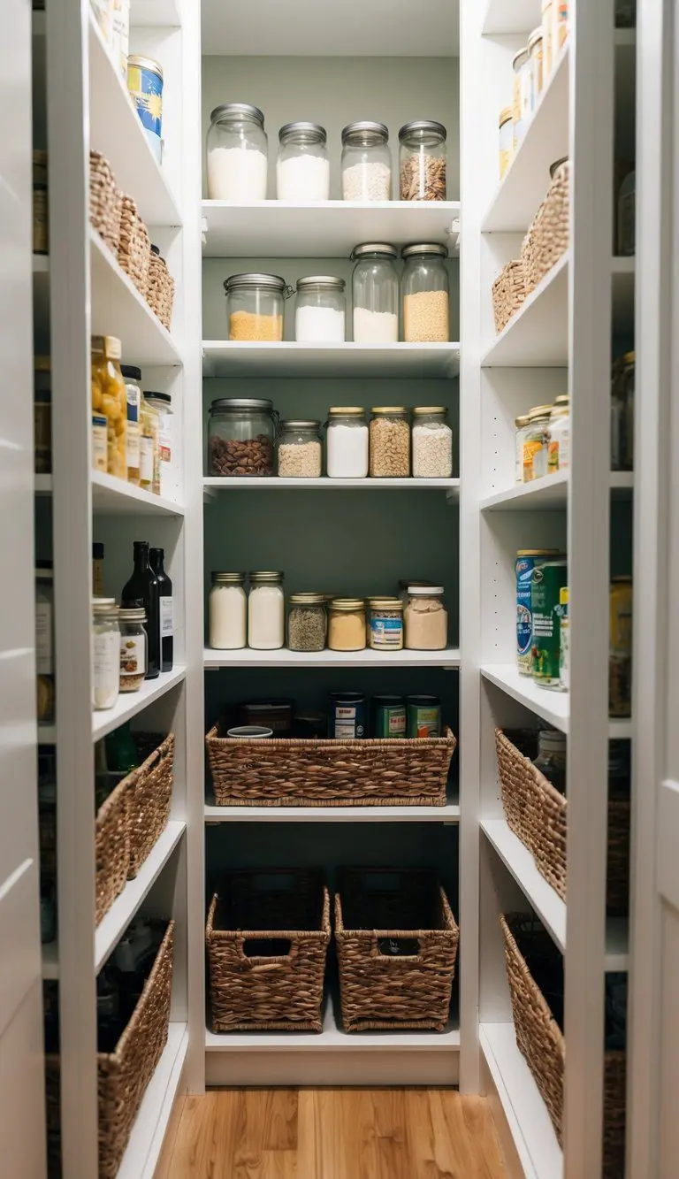 A small walk-in pantry with pull-out shelving, neatly organized with jars, cans, and baskets, maximizing storage space