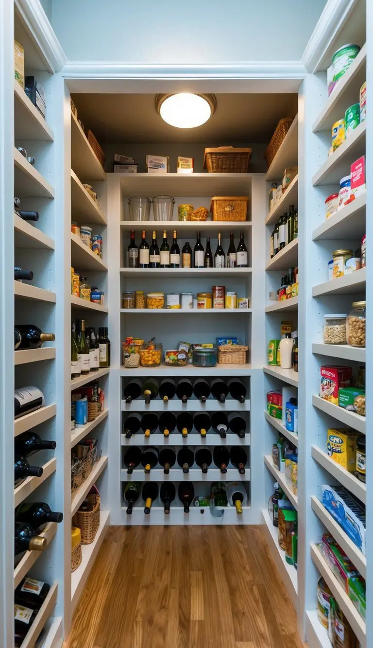 A small walk-in pantry with built-in wine racks and shelves filled with various food items and kitchen supplies