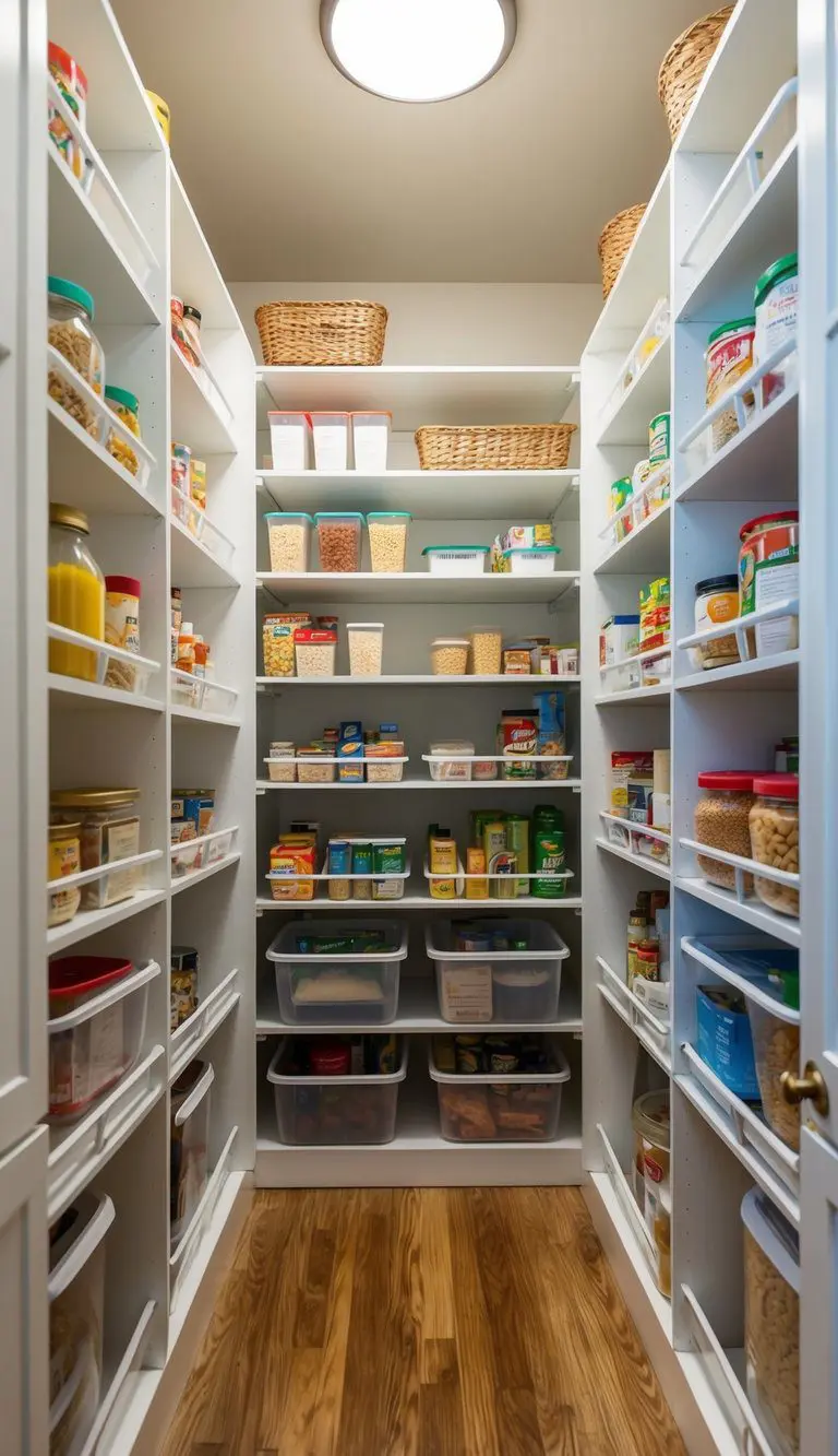 Seven adjustable shelf dividers in a small walk-in pantry, each section organized with different food items and containers