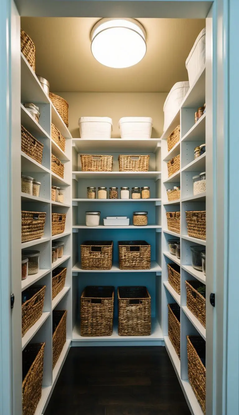A small walk-in pantry with open shelving filled with neatly arranged baskets and containers