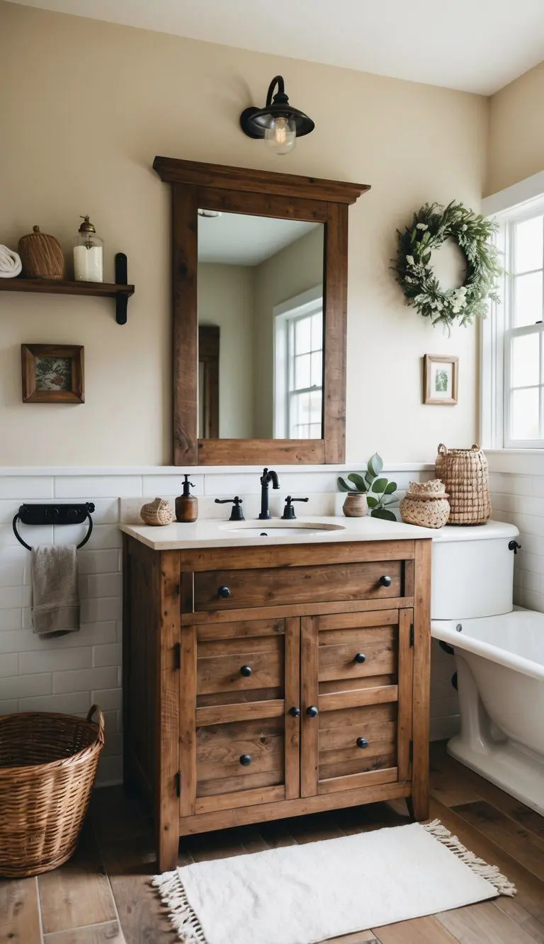 A rustic wooden vanity sits in a farmhouse bathroom, surrounded by vintage decor and natural elements