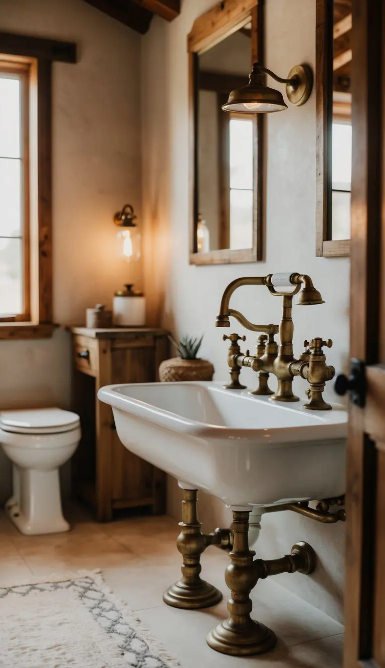 A rustic farmhouse bathroom with vintage brass faucets and earthy decor