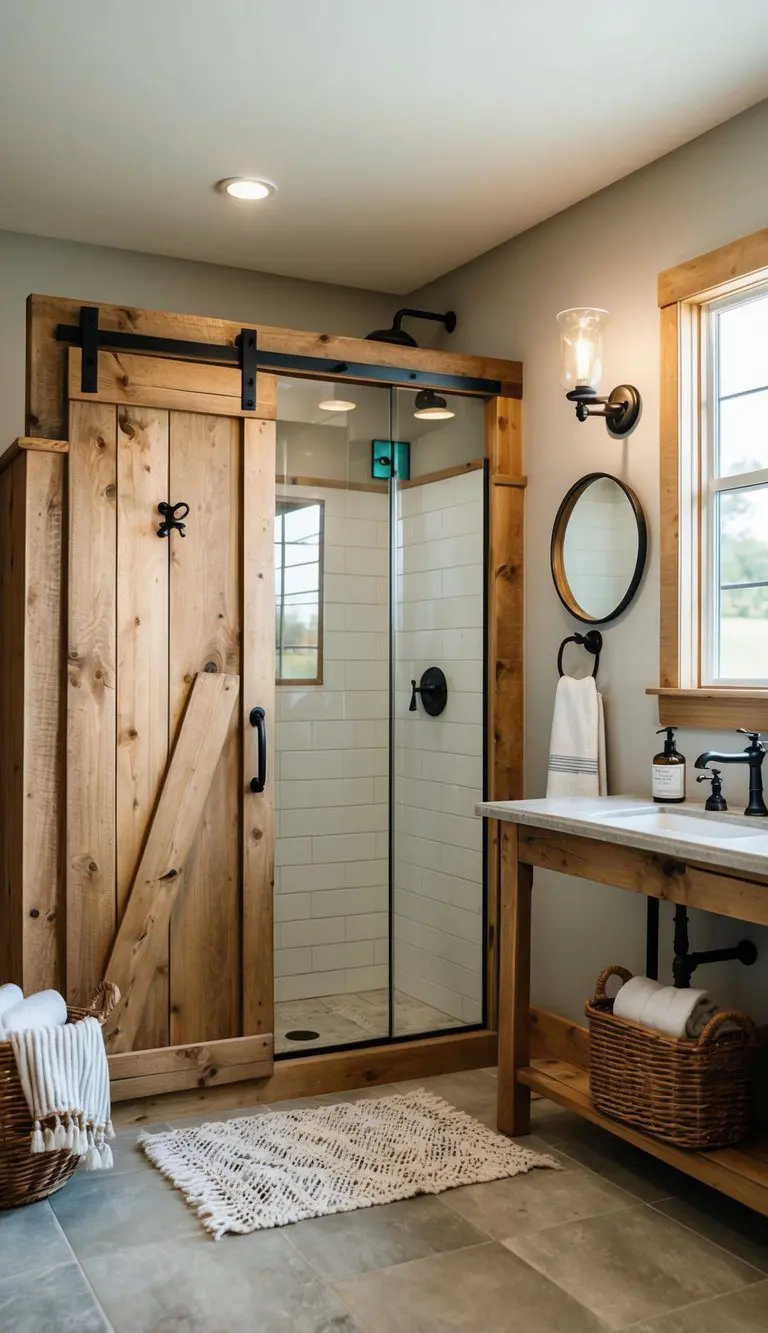 A rustic barn door shower enclosure in a farmhouse bathroom with vintage fixtures and natural wood accents