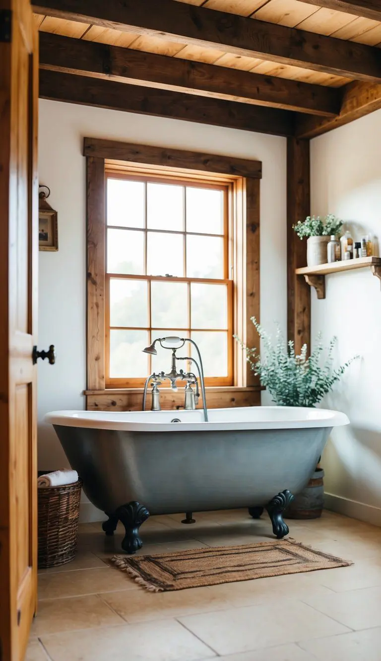 A vintage clawfoot tub stands in a rustic farmhouse bathroom with wood accents and natural light streaming in