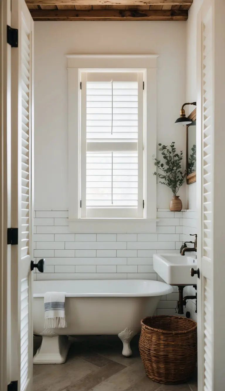 A farmhouse bathroom with plantation shutters, white walls, rustic wood accents, and vintage fixtures