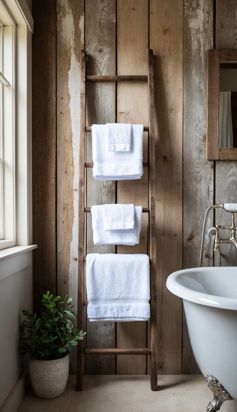 An antique ladder towel rack stands against a weathered barn wood wall in a rustic farmhouse bathroom, adorned with fluffy white towels and a small potted plant