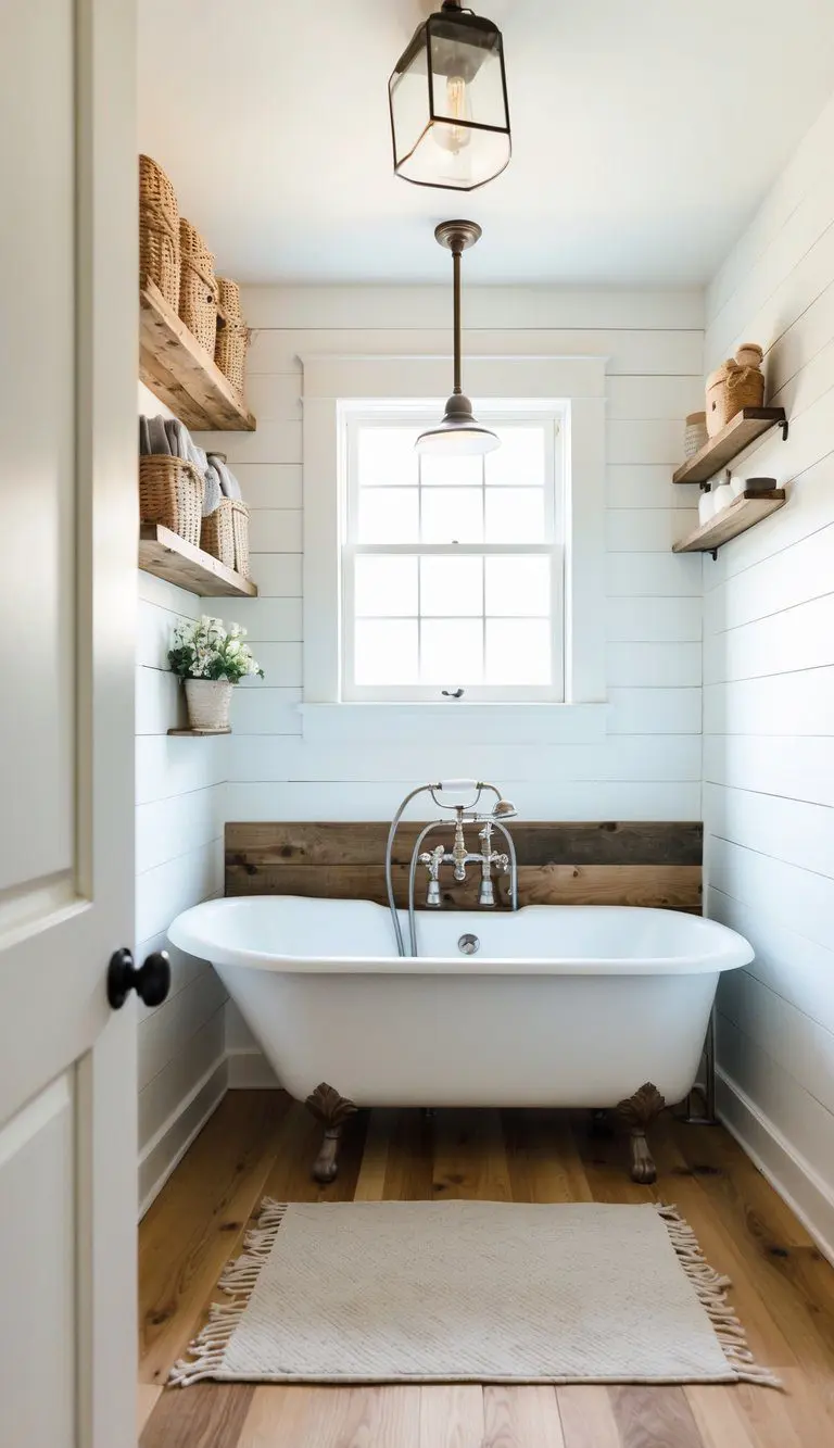 A farmhouse bathroom with white shiplap walls, a vintage clawfoot tub, and rustic wooden accents