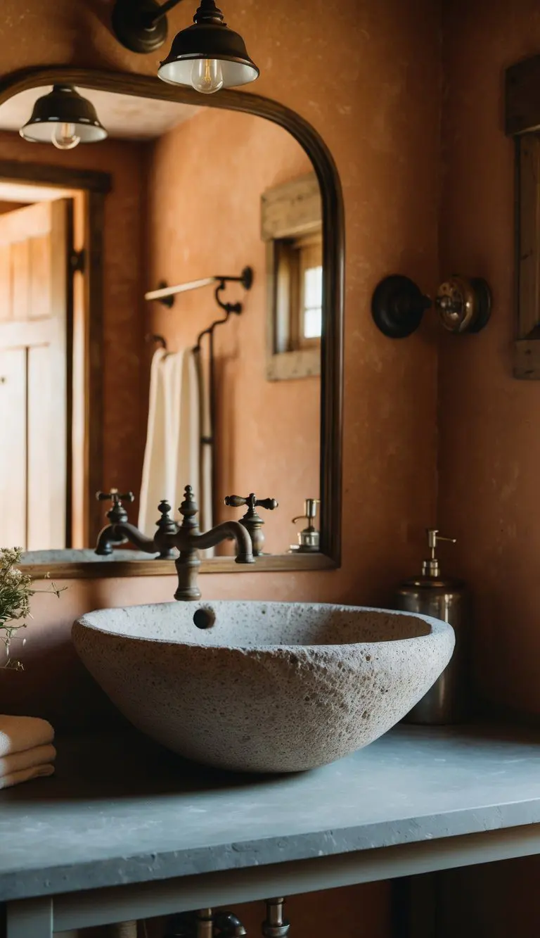 A rustic farmhouse bathroom with a large natural stone sink as the focal point. Warm, earthy tones and vintage fixtures complete the cozy atmosphere