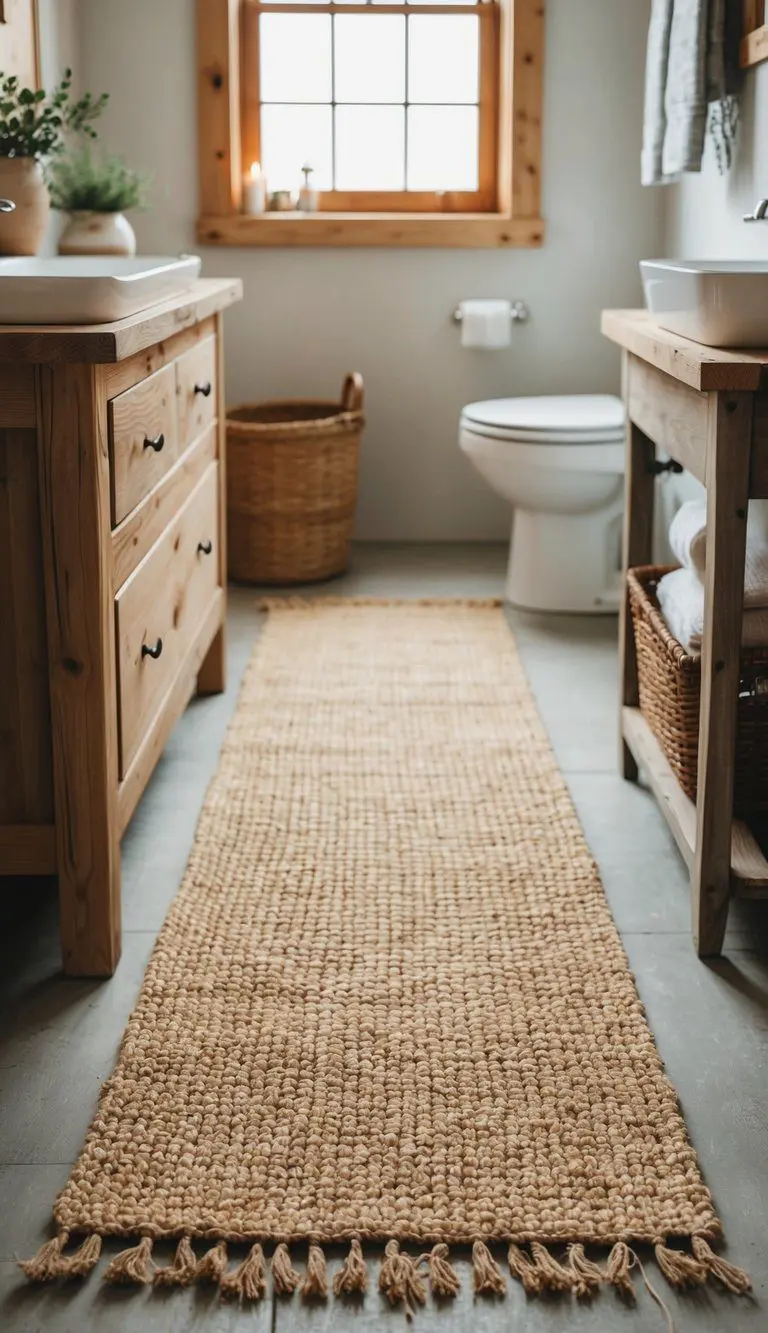 A woven jute rug lies on the floor of a rustic farmhouse bathroom, surrounded by natural wood accents and vintage decor