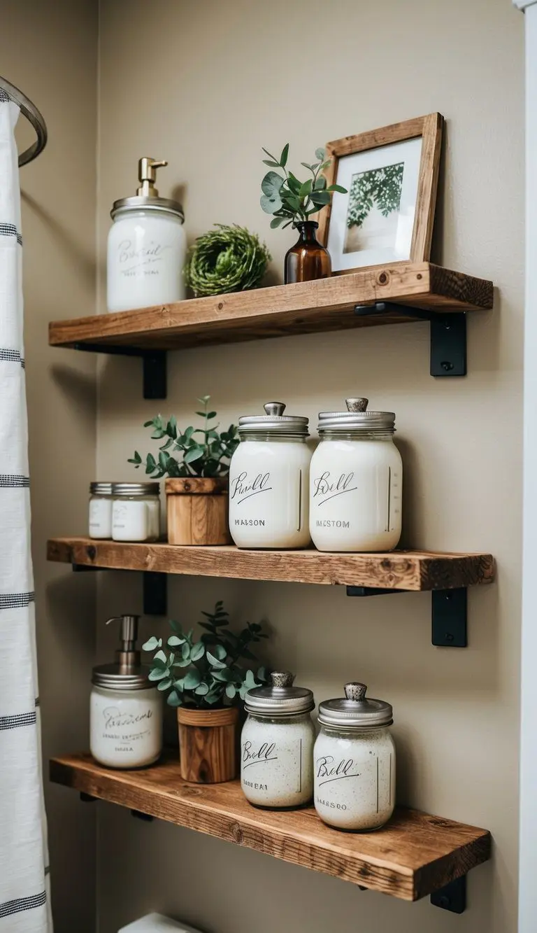 Rustic reclaimed wood shelves hold farmhouse bathroom decor, including mason jars, greenery, and vintage accessories