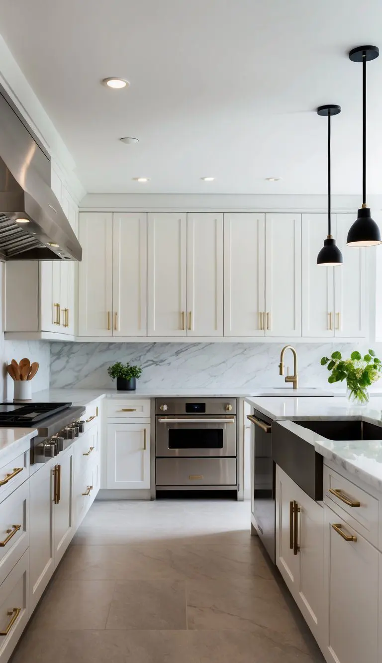 A modern kitchen with sleek white cabinets, marble countertops, stainless steel appliances, and a large island with pendant lighting