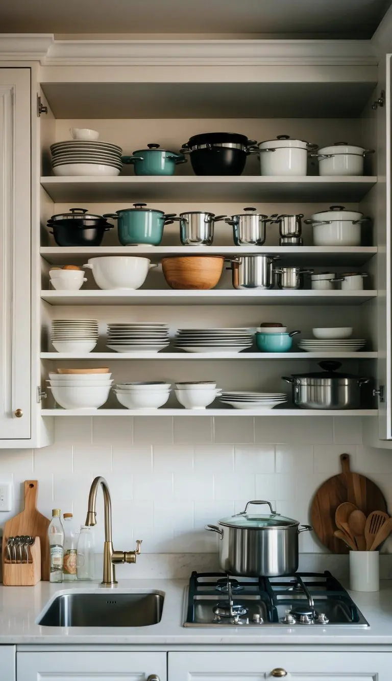 A kitchen with open shelving displaying neatly organized cookware and dishes, creating a sense of spaciousness and functionality