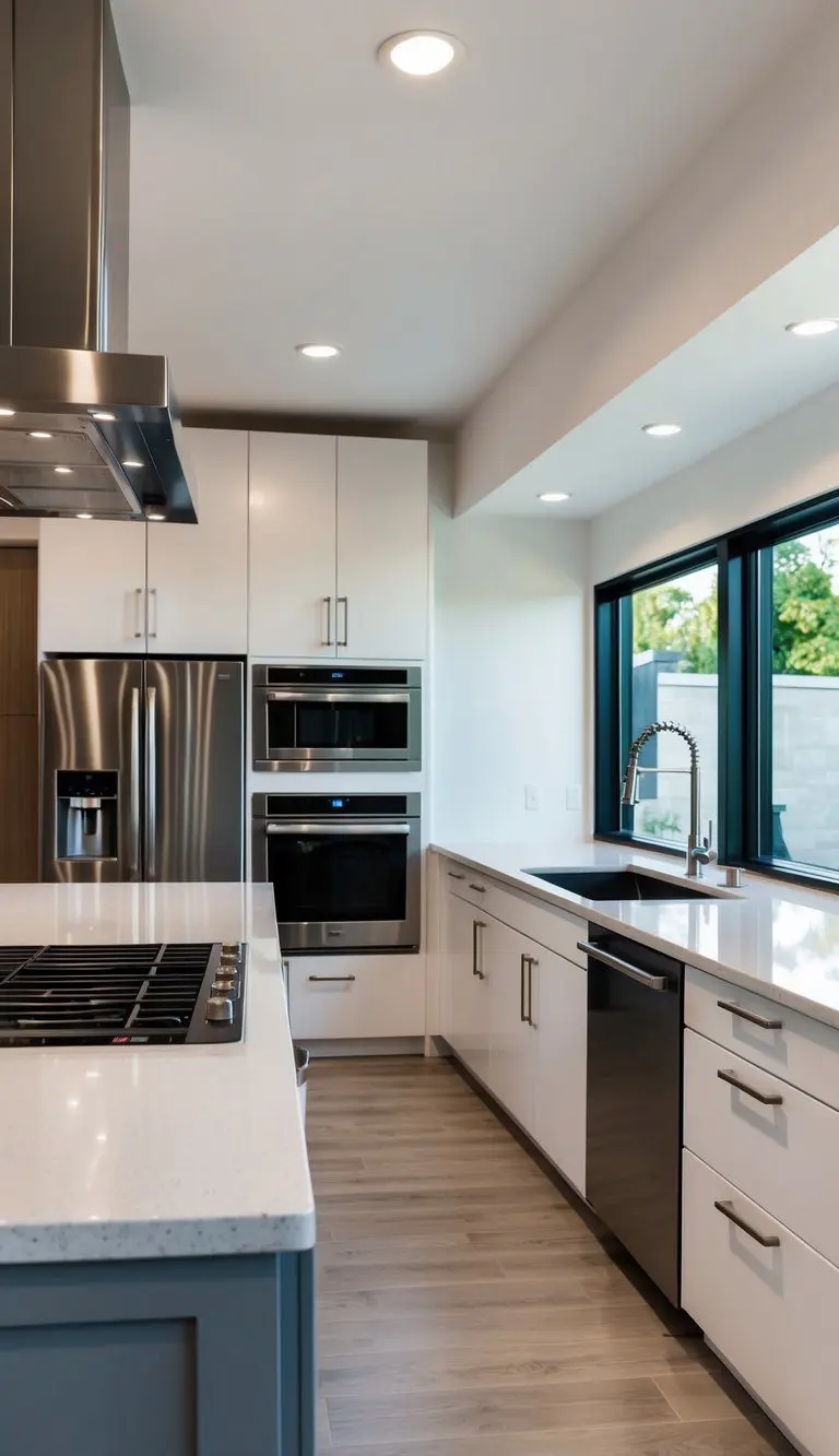 A modern kitchen with sleek quartz countertops, stainless steel appliances, and minimalist cabinetry