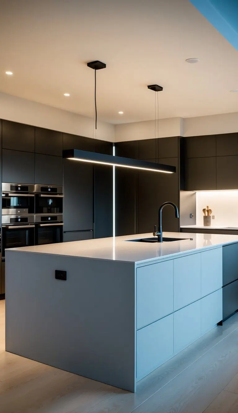 A modern kitchen with sleek, integrated smart lighting illuminating a spacious island and contemporary appliances
