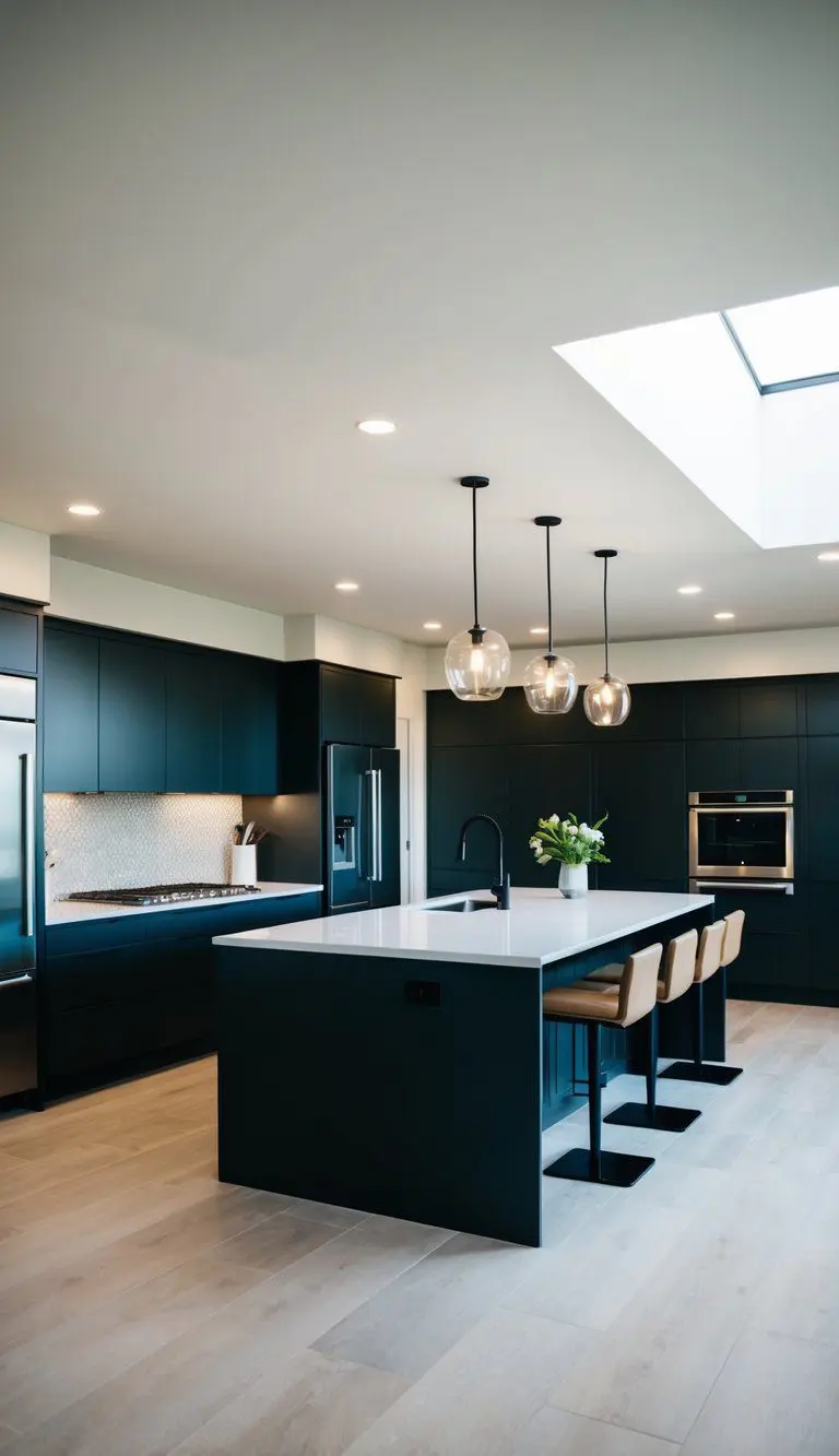 A spacious kitchen with sleek custom cabinetry, modern appliances, and ample natural light. A large island with seating and a stylish backsplash complete the contemporary design
