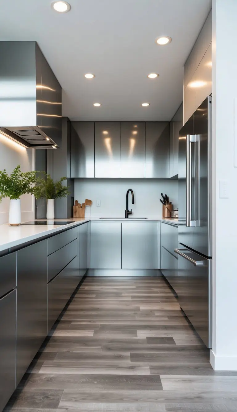 A modern kitchen with sleek vinyl plank flooring, minimalist cabinets, and stainless steel appliances