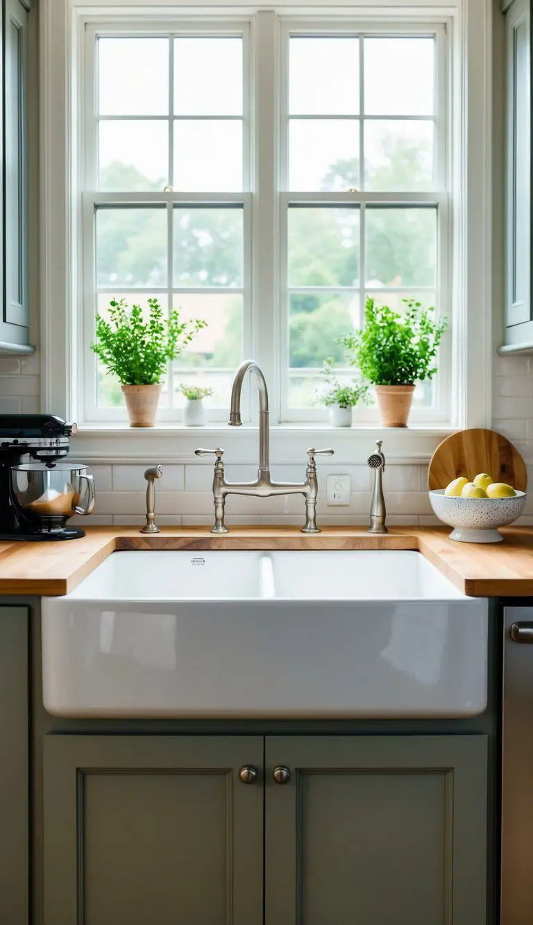 A farmhouse sink surrounded by classic kitchen elements, with natural light pouring in through a window