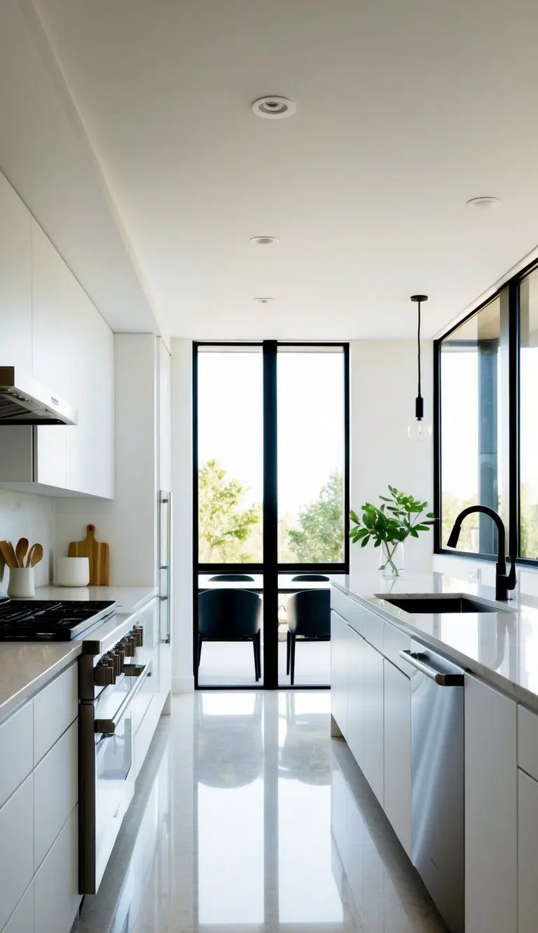 A bright, modern kitchen with sleek quartz countertops, accented by minimalist decor and natural light streaming in from large windows