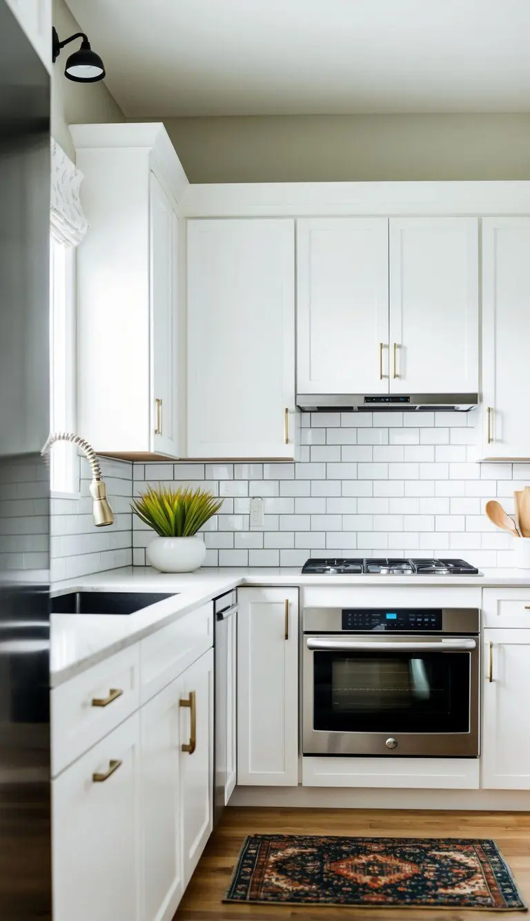 A clean, modern kitchen with a subway tile backsplash, white cabinetry, and stainless steel appliances