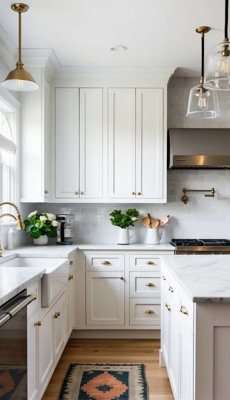 A bright, spacious kitchen with white shaker cabinets, marble countertops, and stainless steel appliances. Classic pendant lighting and a subway tile backsplash complete the timeless design