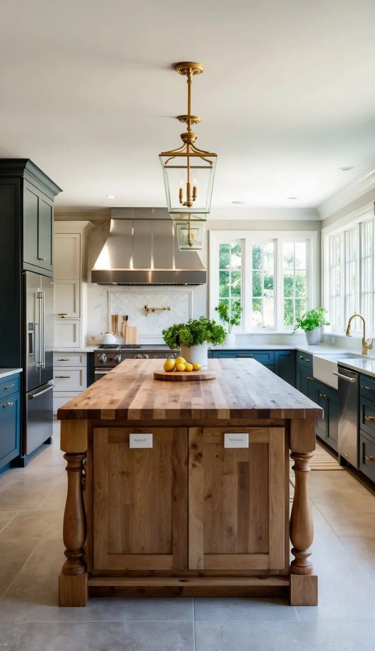 A spacious kitchen with a large butcher block island as the centerpiece, surrounded by timeless and elegant design elements
