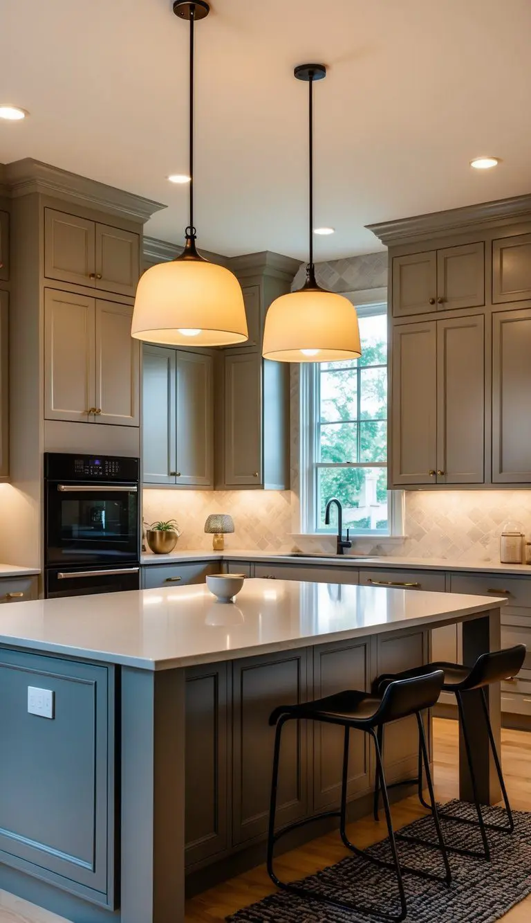 A modern kitchen with pendant lighting casting a warm glow over a sleek island and classic cabinetry
