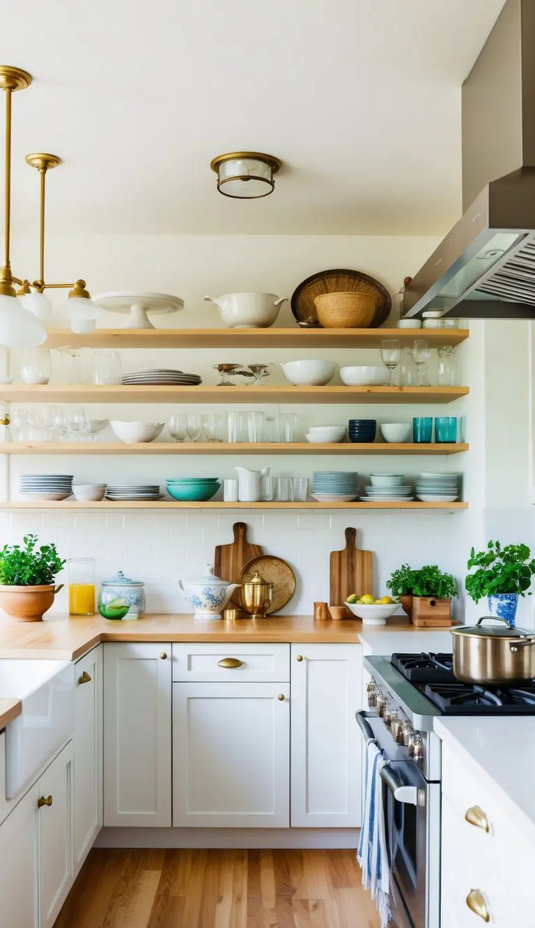 A bright, airy kitchen with open shelving displaying neatly arranged dishes, glassware, and cookware. A mix of vintage and modern elements adds a timeless feel