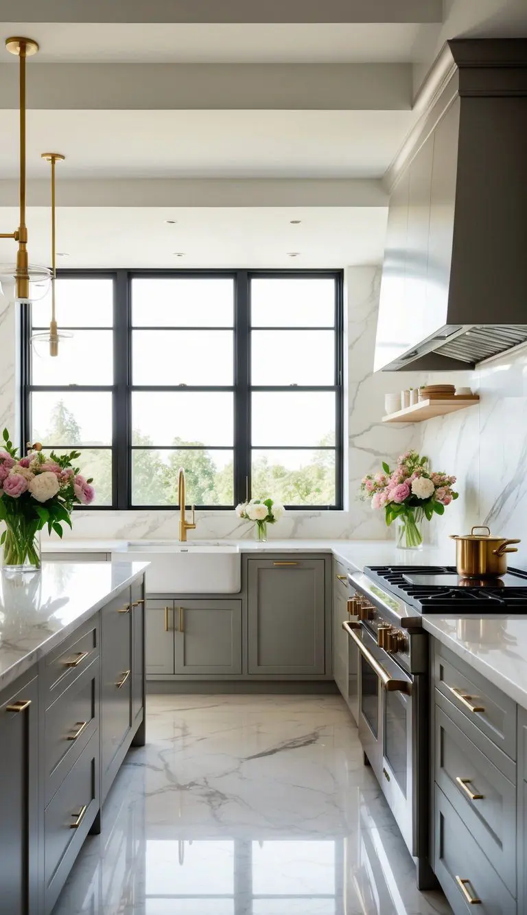 A spacious kitchen with sleek marble countertops, adorned with fresh flowers and stylish cookware, bathed in natural light from large windows