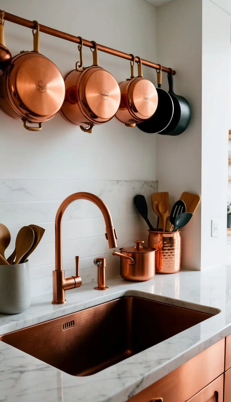 A modern kitchen with copper accents: pots and pans hanging from a rack, a copper sink, faucet, and utensils on a marble countertop