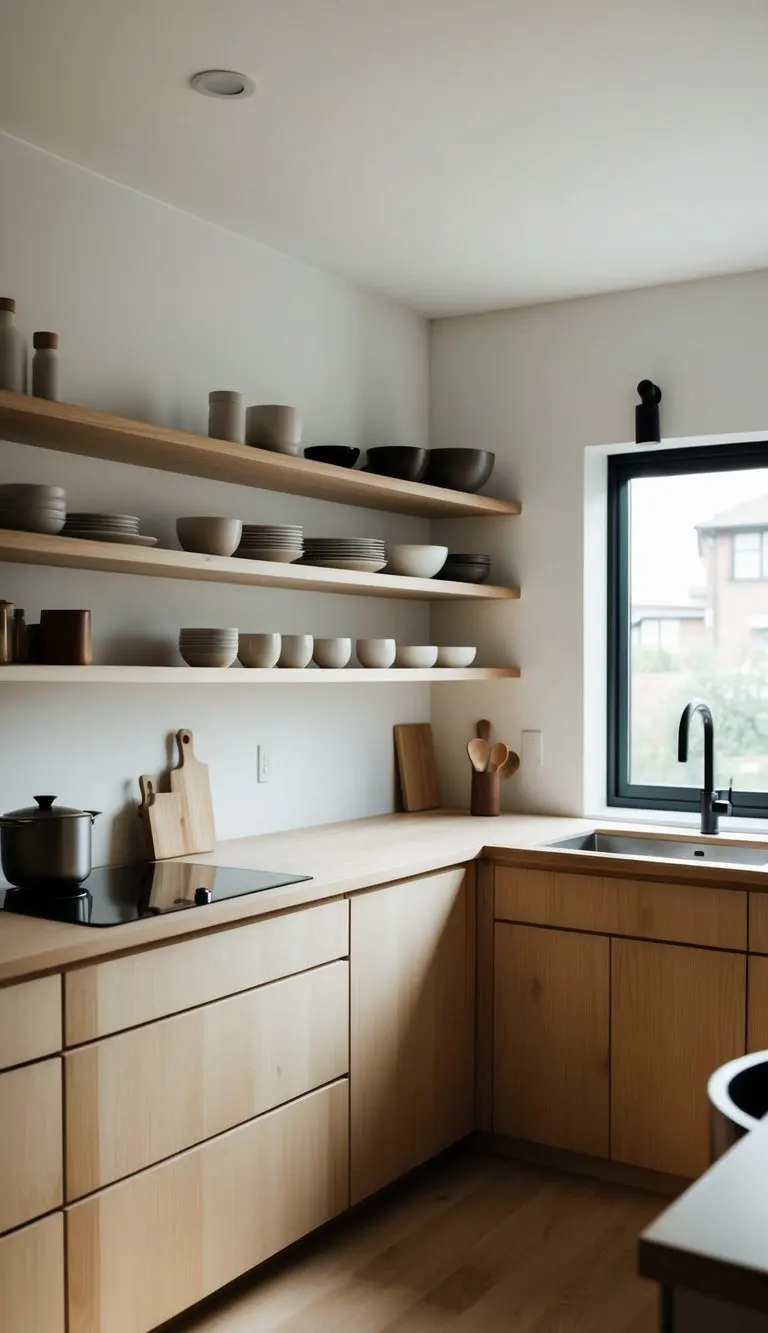A minimalist kitchen with open natural wood shelving, clean lines, and a blend of Japanese and Scandinavian design elements