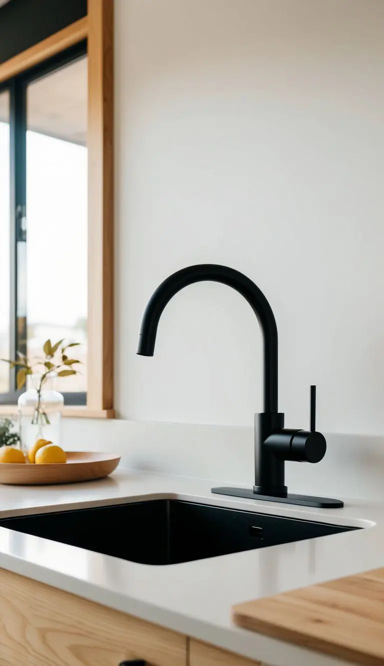A matte black faucet mounted on a clean, minimalist sink in a Japandi kitchen with natural wood, neutral tones, and simple, functional design