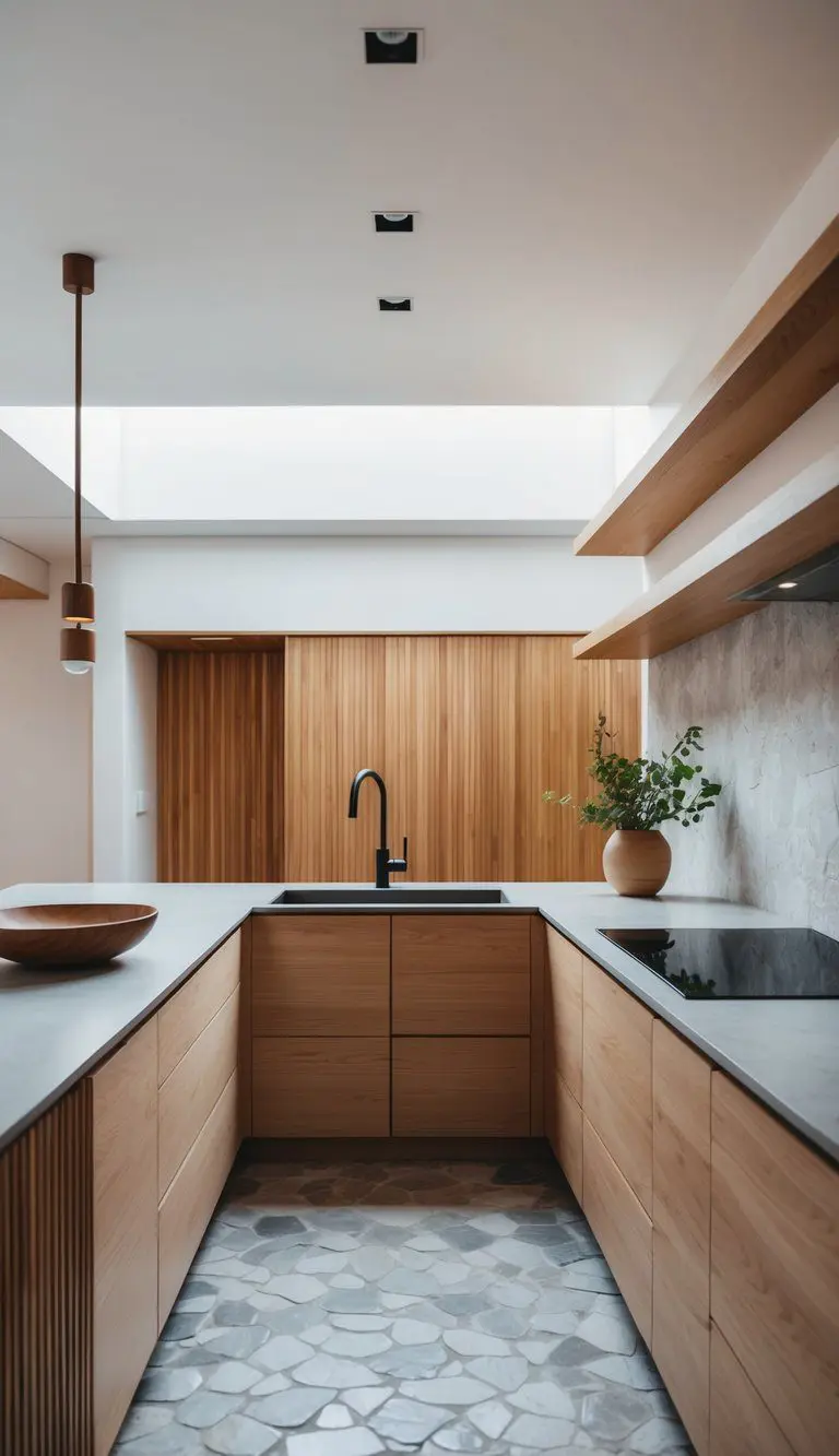 A minimalist Japandi kitchen with stone countertops and natural wood accents