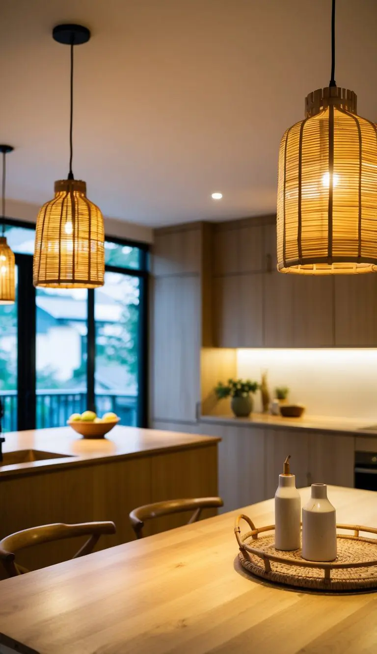 A cozy kitchen with bamboo pendant lamps illuminating a Japandi-inspired space, featuring clean lines, natural materials, and minimalist design