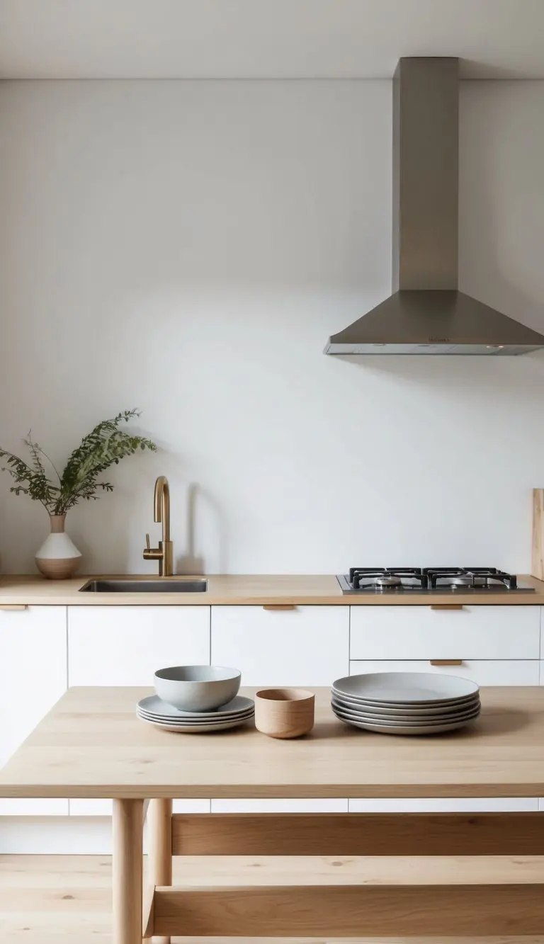 A simple wooden table with clean lines holds a set of minimalist dishware in a Japandi-inspired kitchen. The neutral color palette and natural materials create a serene and harmonious atmosphere