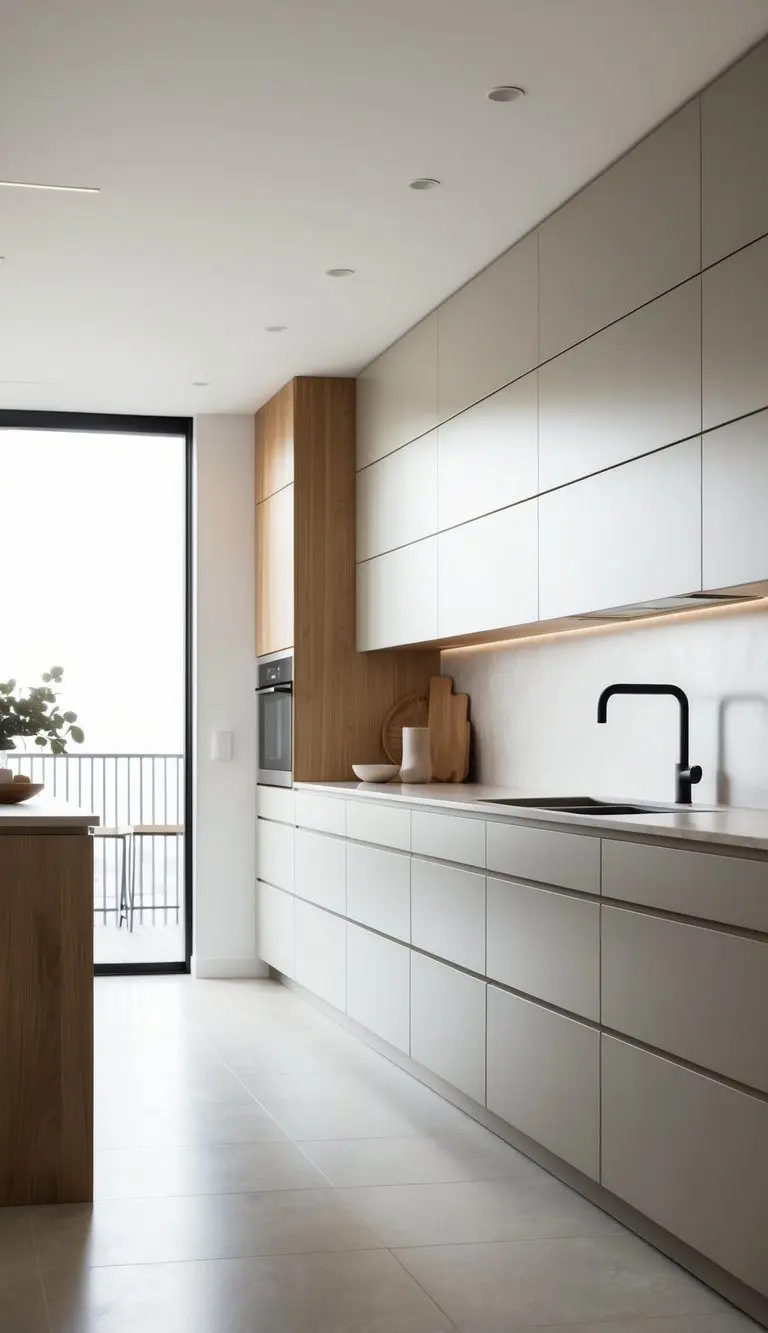 Sleek, neutral-toned cabinetry in a spacious, minimalist kitchen with natural wood accents and clean lines