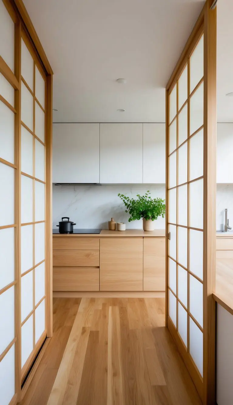 Sliding shoji screens divide a minimalist Japandi kitchen, with natural wood, clean lines, and a touch of greenery